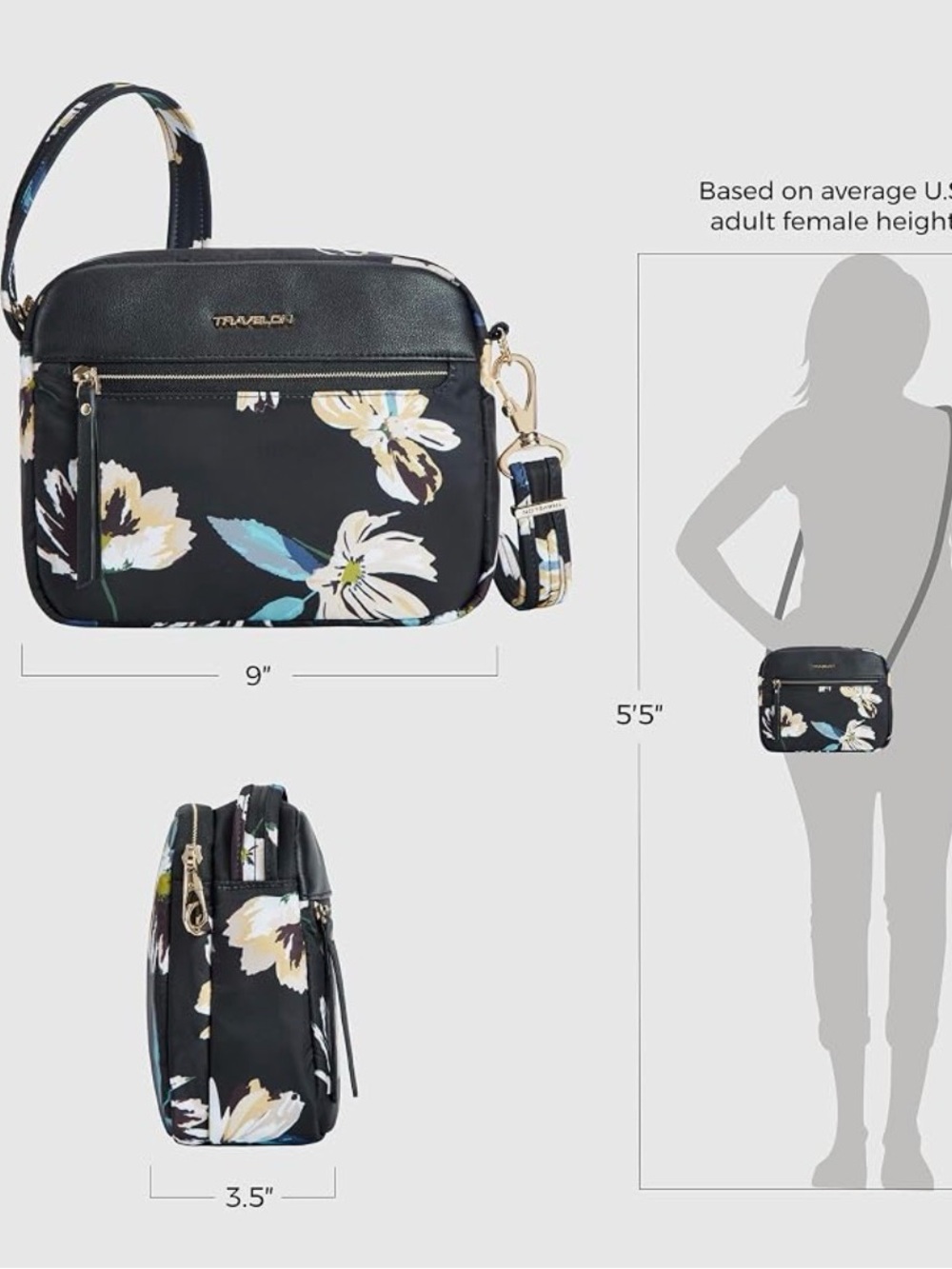 Travelon Black Floral Crossbody with Gold Logo - Picture 8 of 11